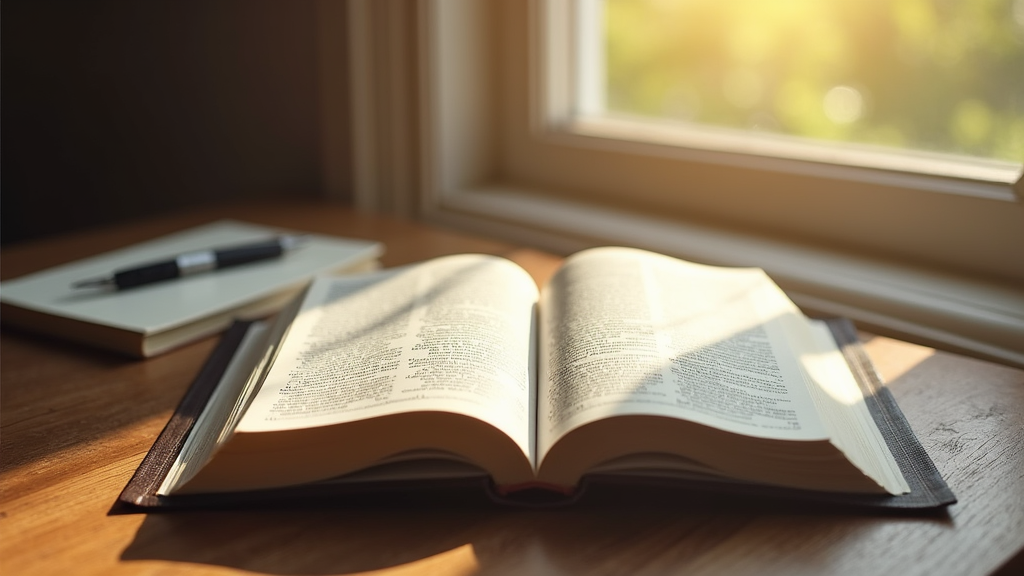 An open Bible with sunlight and a notebook nearby
